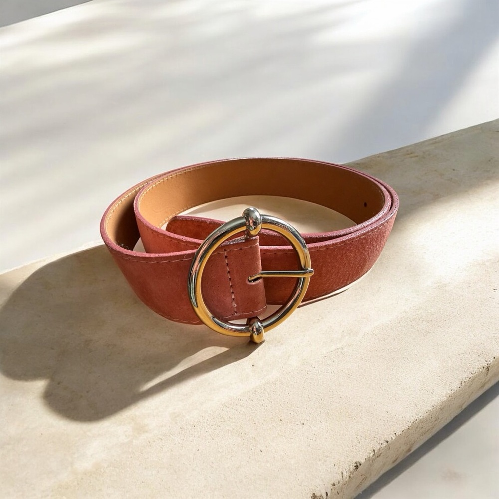 Langes Pink Suede Belt with Round Silver Buckle Size M